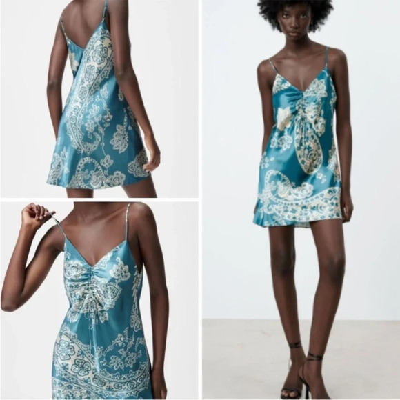 ☀️ZARA Satin Effect Printed Paisley Ruched Minidress - Picture 1 of 12